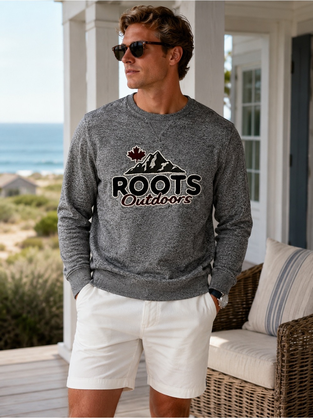 Roots Salt and Peoper Crew Neck Long Sleeve Pullover Shirt Sweater Mountain Logo